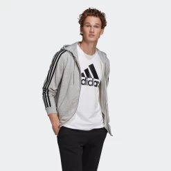 ADIDAS Men's Straight-Cut Crew Neck Zipped Hoodie With Pocket 3 Stripes - Grey -Fitness Equipment Store k16311e2968ce45cb9704593bb4d7e7a3