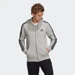 ADIDAS Men's Straight-Cut Crew Neck Zipped Hoodie With Pocket 3 Stripes - Grey