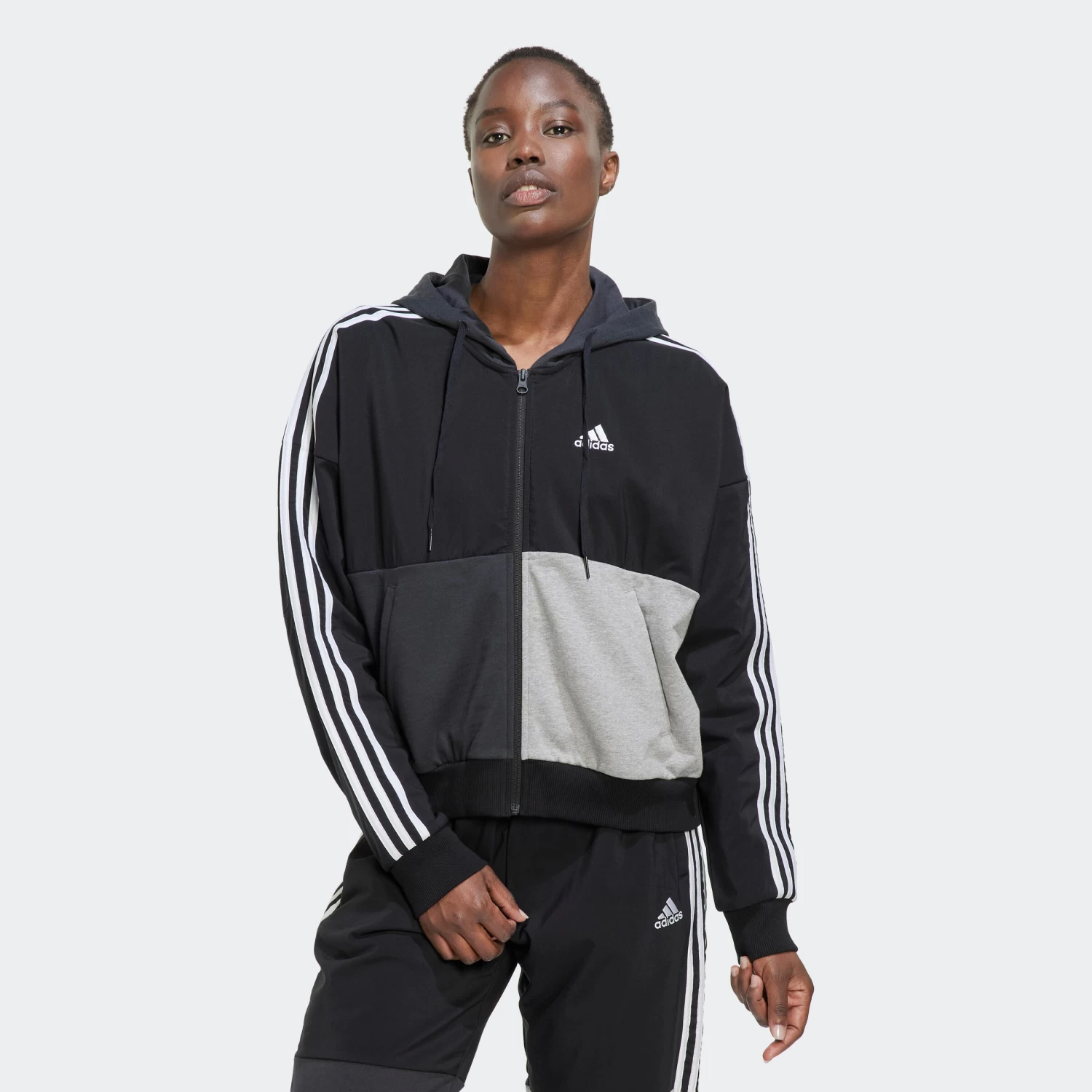 ADIDAS Women's Low-Impact Fitness Hooded Tracksuit Top Colour Block 3 ADIDAS Women's Low-Impact Fitness Hooded Tracksuit Top Colour Block